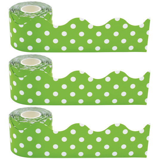 Lime Polka Dots Scalloped Rolled Border Trim, 50 Feet Per Roll, Pack of 3 - Loomini