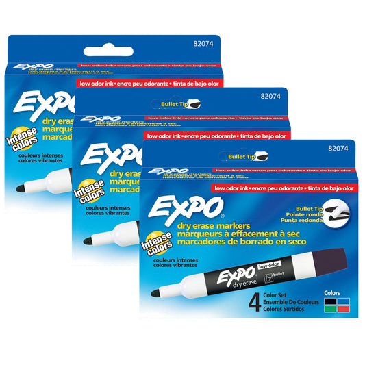 Low Odor Dry Erase Markers, Bullet Tip, Assorted Colors, 4 Per Pack, 3 Packs - Loomini