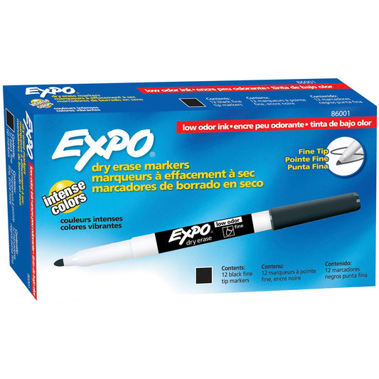 Low Odor Dry Erase Markers, Fine Tip, Black, Box of 12 - Loomini