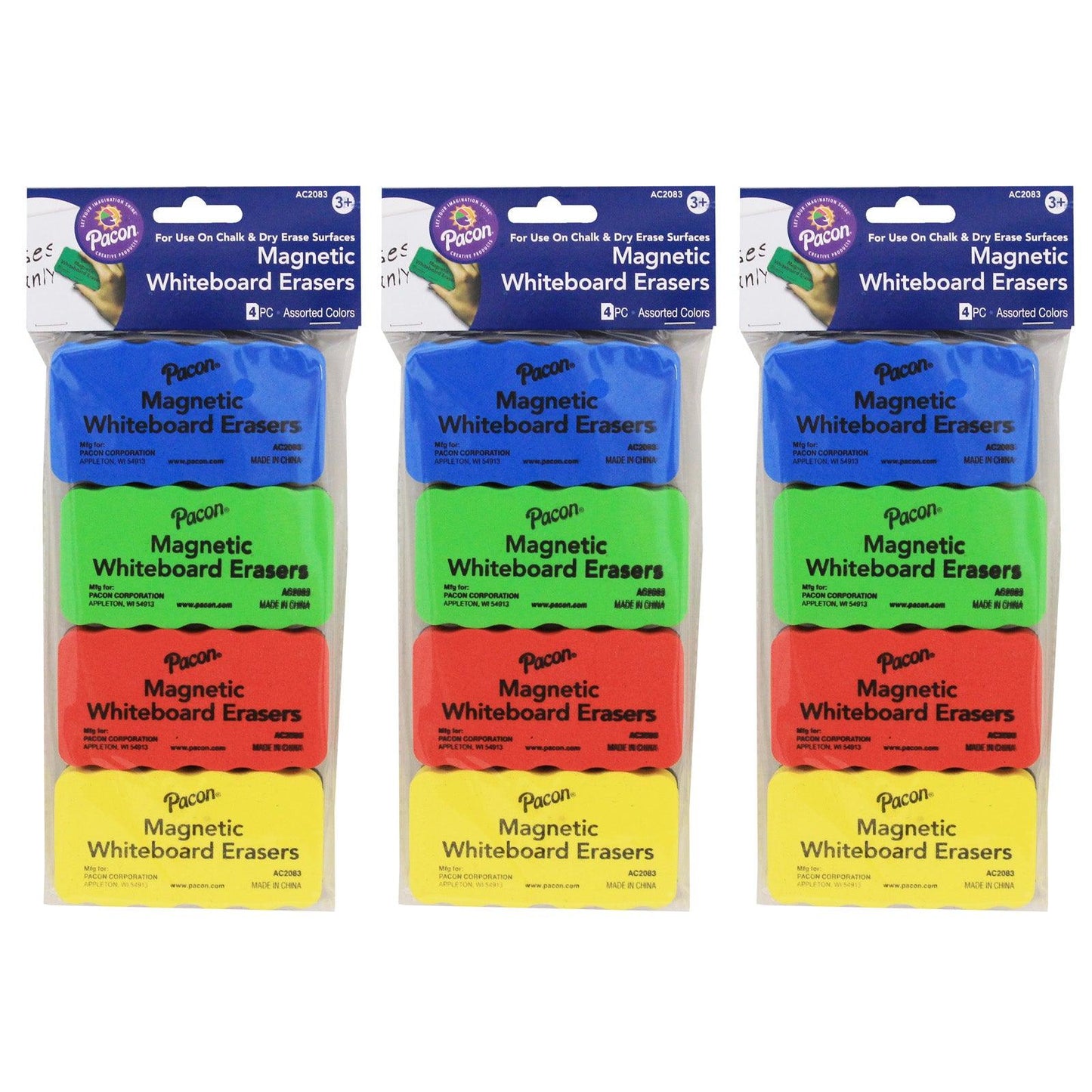 Magnetic Chalk & Whiteboard Eraser, 4 Assorted Colors, 2.25" x 4.25", 4 Erasers Per Pack, 3 Packs - Loomini