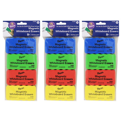 Magnetic Chalk & Whiteboard Eraser, 4 Assorted Colors, 2.25" x 4.25", 4 Erasers Per Pack, 3 Packs - Loomini