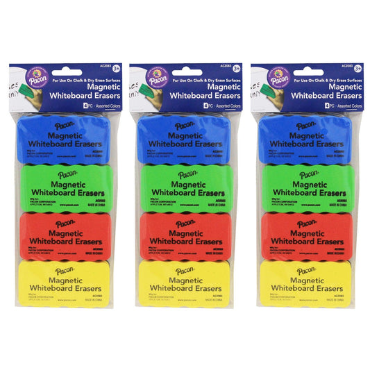 Magnetic Chalk & Whiteboard Eraser, 4 Assorted Colors, 2.25" x 4.25", 4 Erasers Per Pack, 3 Packs - Loomini