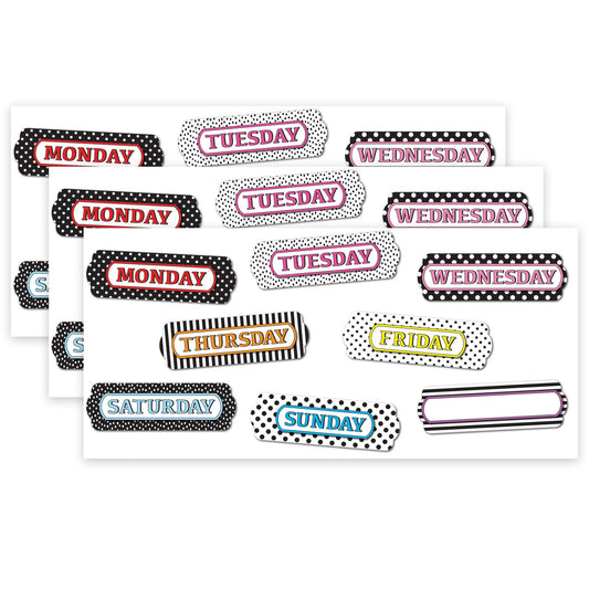 Magnetic Die-Cut Timesavers & Labels, Days of the Week, Black and White Assorted Patterns, 8 Per Pack, 3 Packs - Loomini