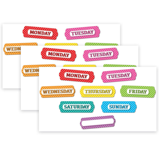 Magnetic Die-Cut Timesavers & Labels, Days of the Week, White Polka Dots On Assorted Colors, 8 Per Pack, 3 Packs - Loomini