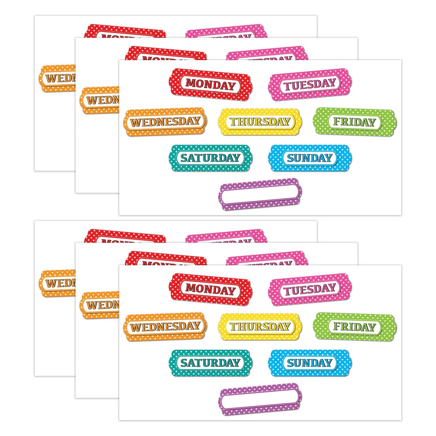 Magnetic Die-Cut Timesavers & Labels, Days of the Week, White Polka Dots On Assorted Colors, 8 Per Pack, 6 Packs - Loomini