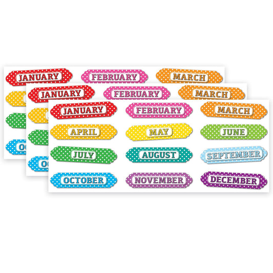 Magnetic Die-Cut Timesavers & Labels, Months of the Year, White Polka Dots On Assorted Colors, 12 Per Pack, 3 Packs - Loomini