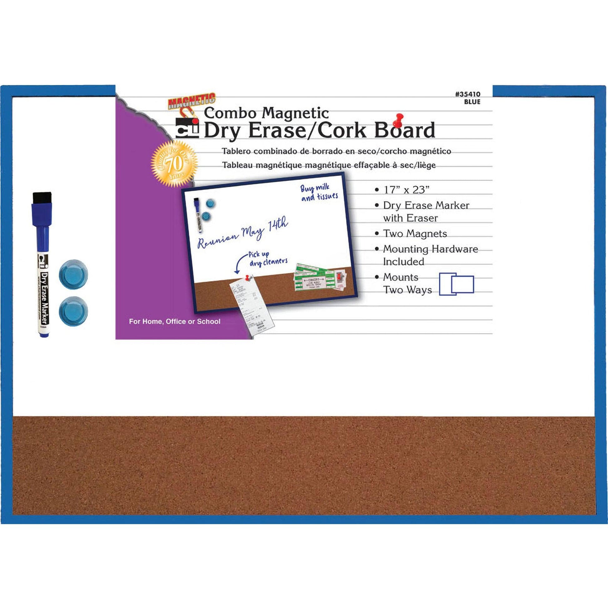 Magnetic Dry Erase Board with Cork Board, 17" x 23", w/Eraser/Marker and 2 Magnets, Blue Frame, 1 Each - Loomini
