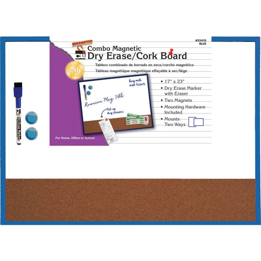 Magnetic Dry Erase Board with Cork Board, 17" x 23", w/Eraser/Marker and 2 Magnets, Blue Frame, 1 Each - Loomini