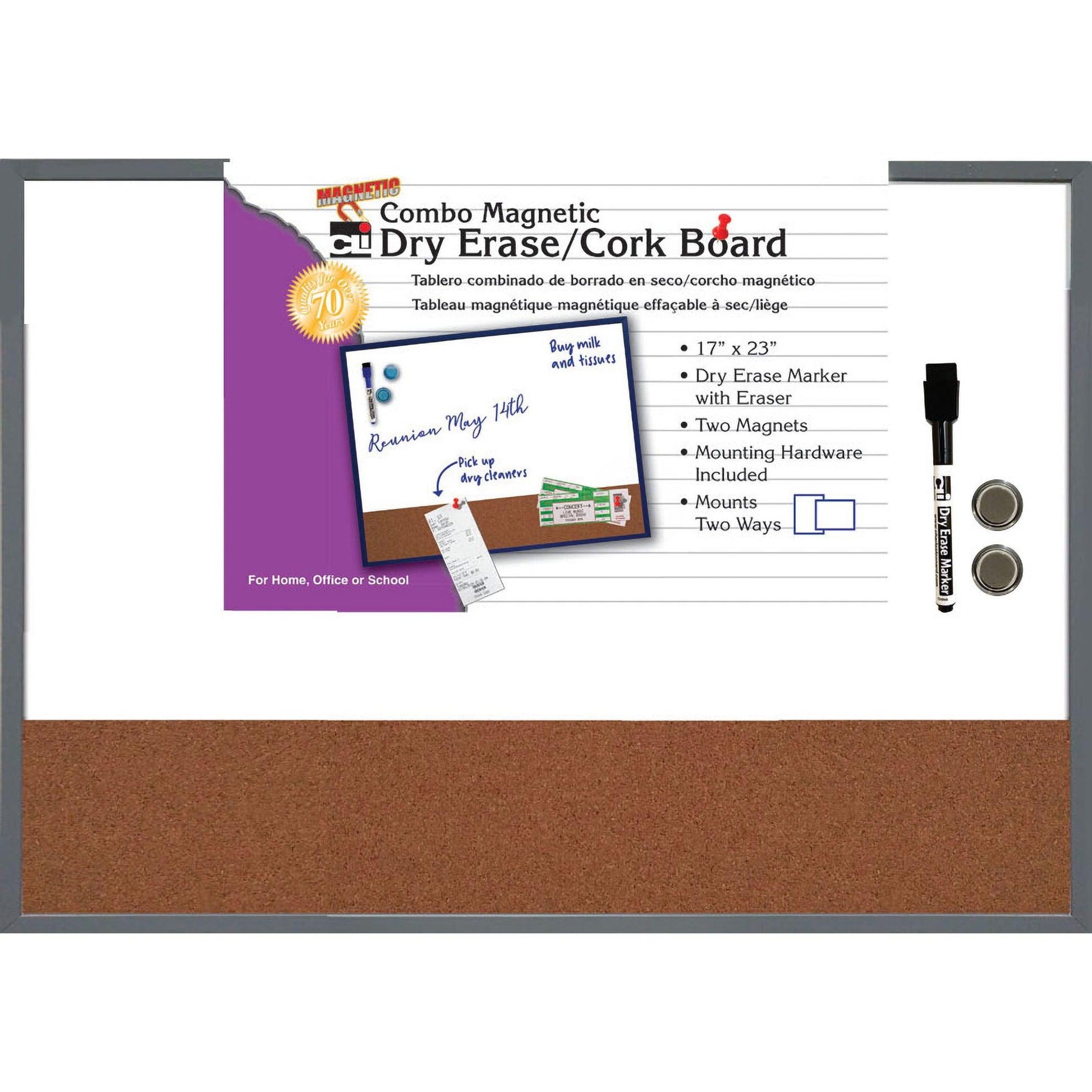 Magnetic Dry Erase Board with Cork Board, 17" x 23", w/Eraser/Marker and 2 Magnets, Gray Frame, 1 Each - Loomini