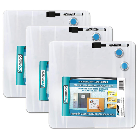 Magnetic Dry-Erase Board with Dry-Erase Marker & Two Magnets, 11.5" x 11.5", 3 Sets - Loomini