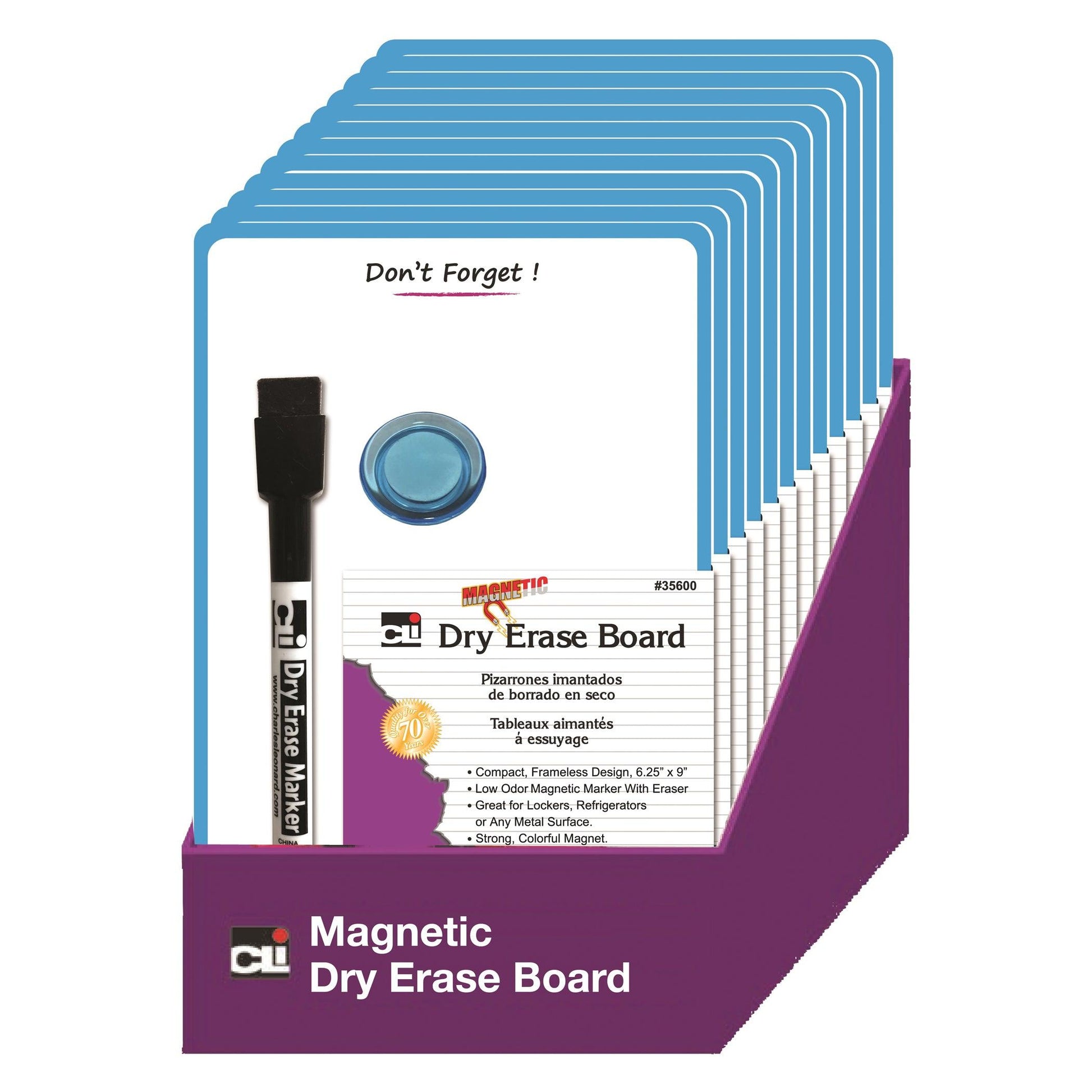 Magnetic Mini Dry Erase Boards, 6-1/4" x 9", Marker w/Eraser and 1 Magnet, Blue Frame, Pack of 12 - Loomini