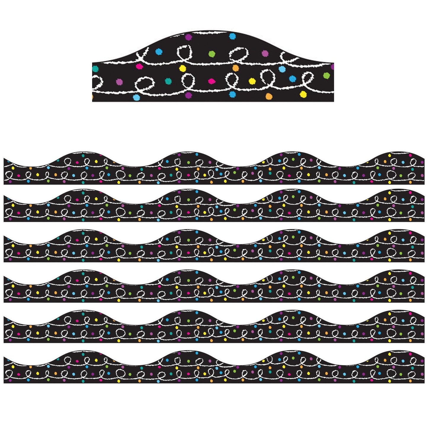 Magnetic Scallop Border, White Chalk Loops with Color Chalk Dots on Black, 12 Feet Per Pack, 6 Packs - Loomini