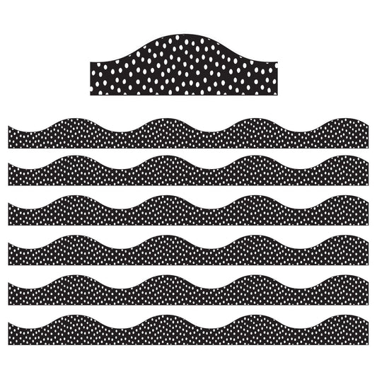 Magnetic Scallop Border, White Messy Dots on Black, 12 Feet Per Pack, 6 Packs - Loomini
