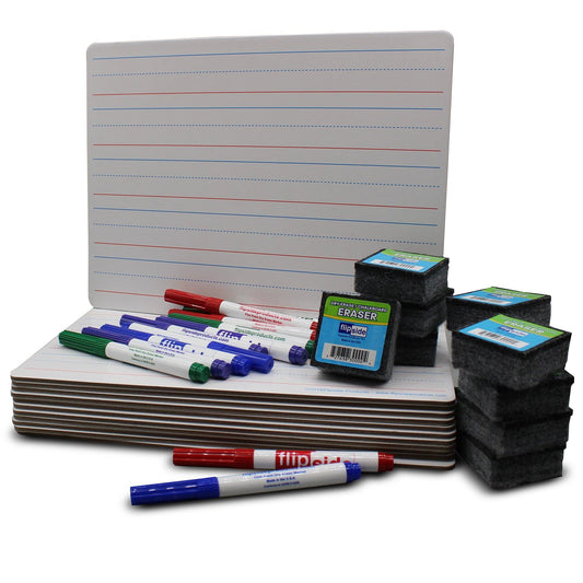 Magnetic Two-Sided Dry Erase Boards, Red & Blue Ruled/Plain, 9" x 12", with Erasers & Colored Pens, Class Pack of 12 - Loomini