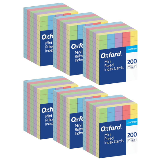 Mini Index Cards, 3" x 2.5", Ruled, Assorted Colors, 200 Per Pack, 6 Packs - Loomini