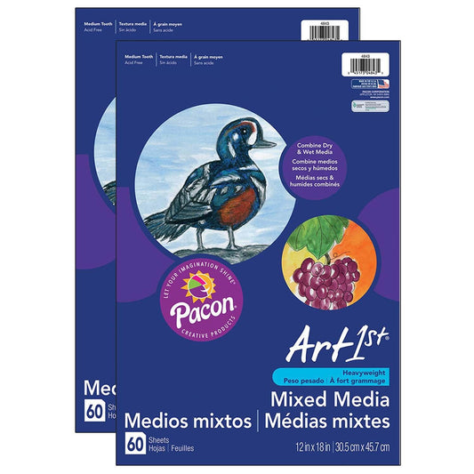 Mixed Media Art Paper, Heavyweight, 12" x 18", 60 Sheets Per Pack, 2 Packs - Loomini