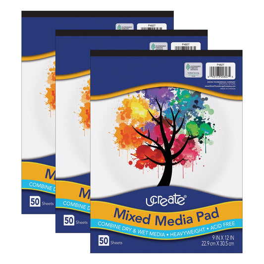 Mixed Media Pad, 9" x 12", 50 Sheets, Pack of 3 - Loomini