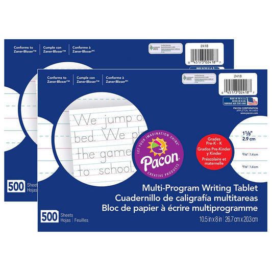 Multi-Program Handwriting Paper, 1-1/8" Ruled (Long Way), White, 10-1/2" x 8", 500 Sheets Per Pack, 2 Packs - Loomini