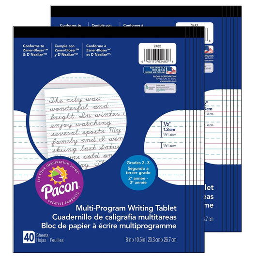 Multi-Program Handwriting Tablet, D'Nealian/Zaner-Bloser, 1/2" x 1/4" x 1/4" Ruled Short, 8" x 10-1/2", 40 Sheets, Pack of 12 - Loomini