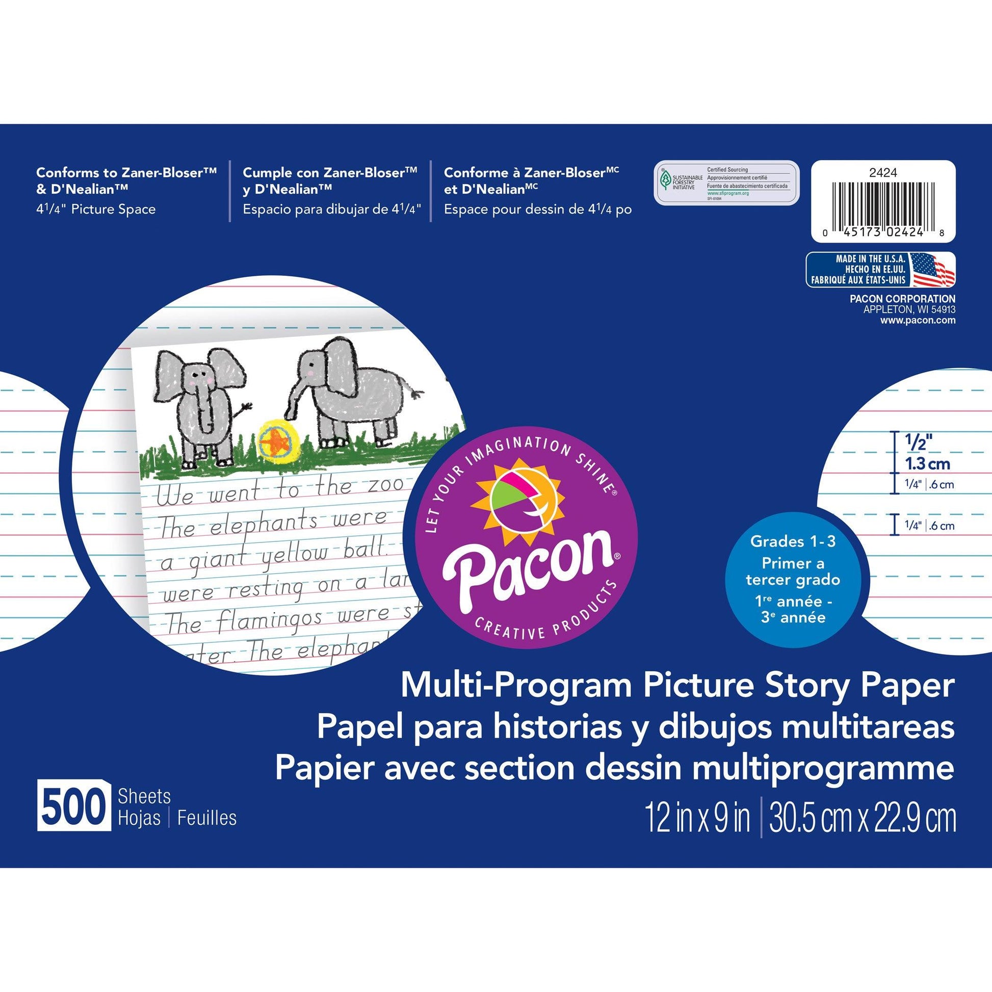 Multi-Program Picture Story Paper, 1/2" Ruled, White, 12" x 9", 500 Sheets - Loomini