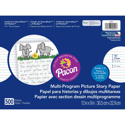 Multi-Program Picture Story Paper, 1/2" Ruled, White, 12" x 9", 500 Sheets - Loomini