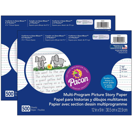 Multi-Program Picture Story Paper, 1/2" Ruled, White, 12" x 9", 500 Sheets Per Pack, 2 Packs - Loomini