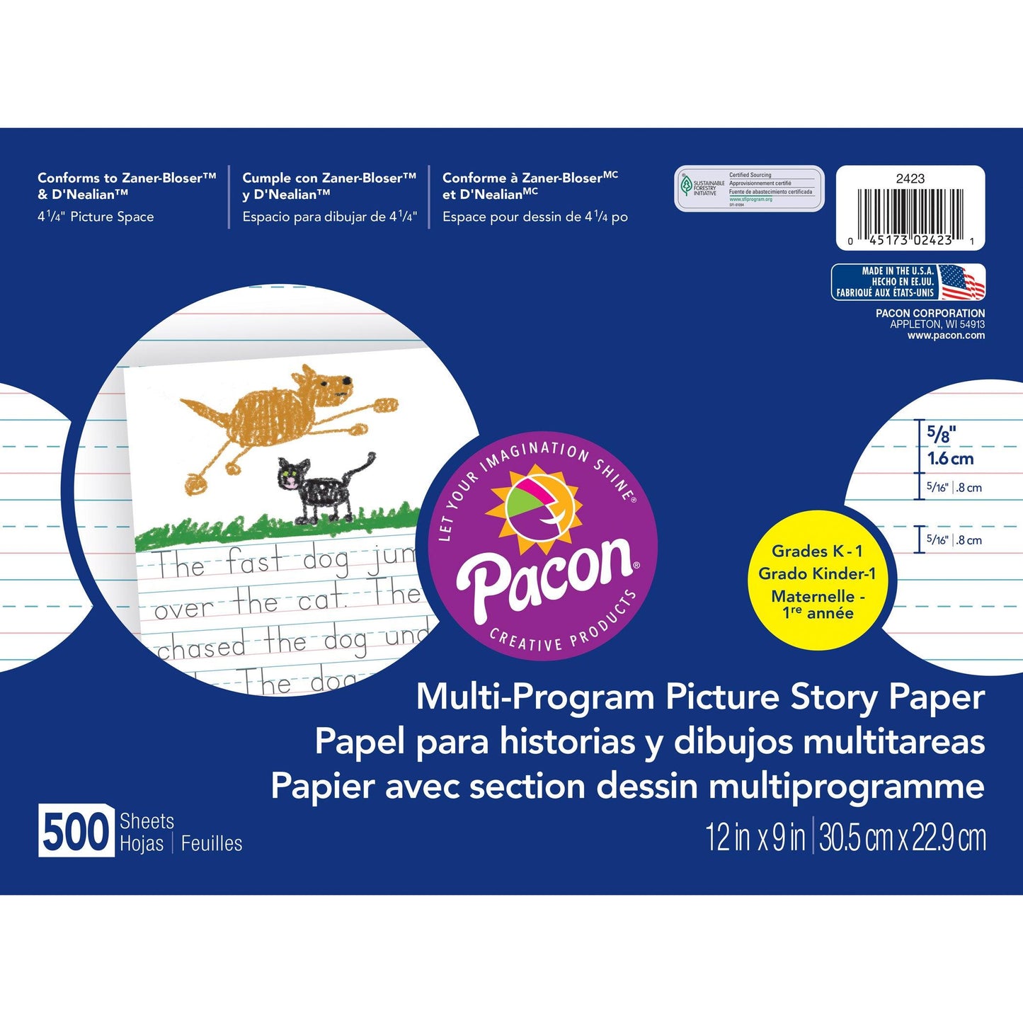 Multi-Program Picture Story Paper, 5/8" Ruled, White, 12" x 9", 500 Sheets - Loomini