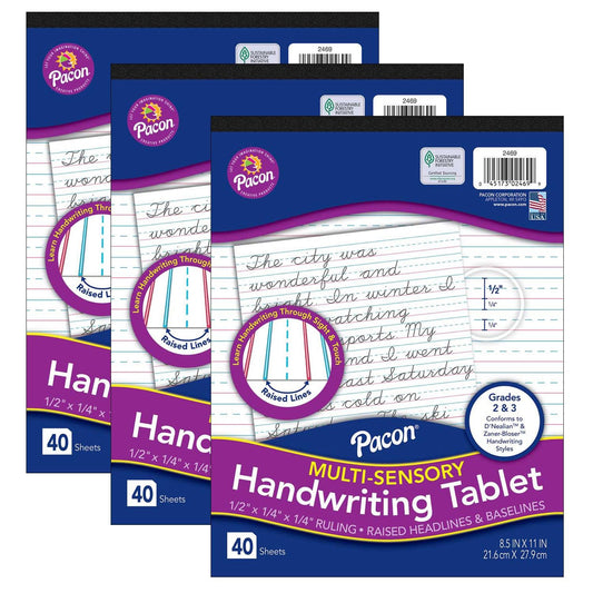 Multi-Sensory Raised Ruled Tablet, Tape-Bound Tablet, 1/2" x 1/4" x 1/4" Ruled Short, 8-1/2" x 11", 40 Sheets, Pack of 3 - Loomini