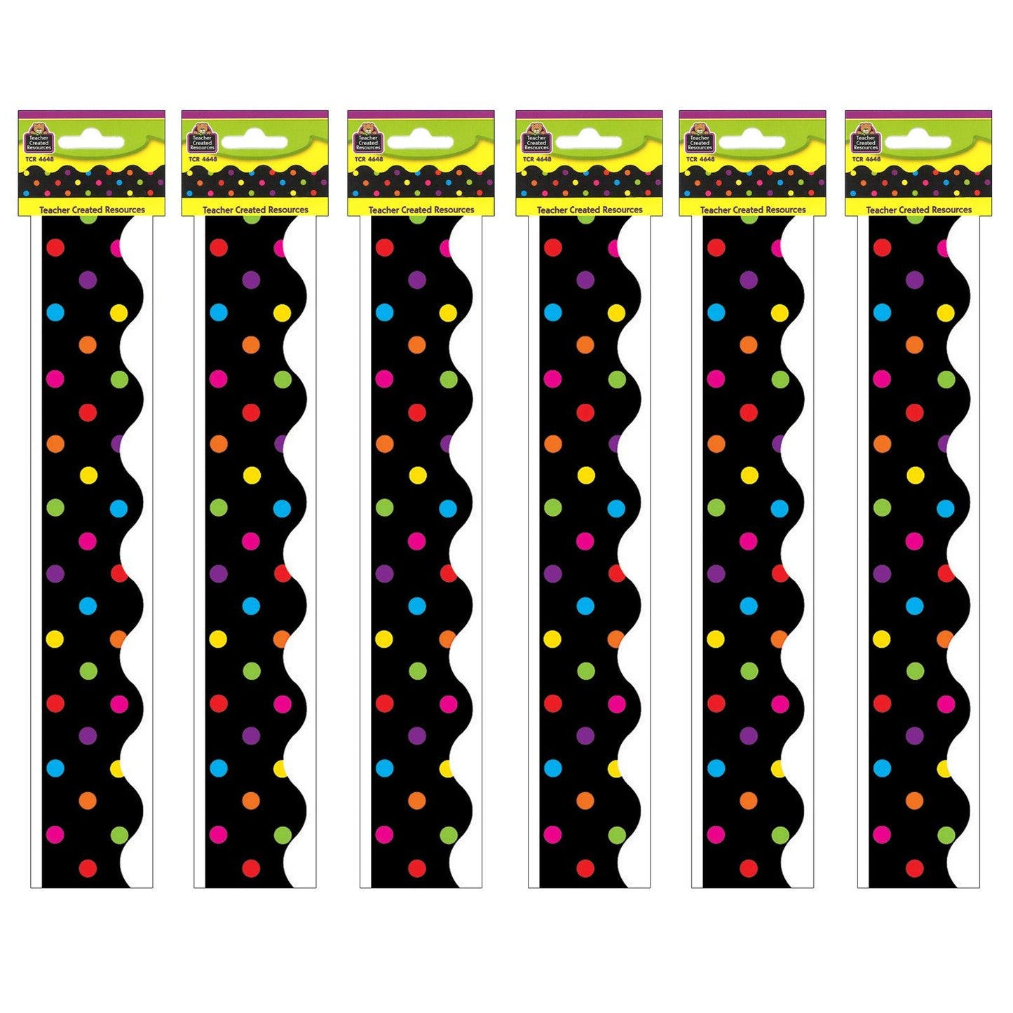 Multicolor Dots on Black Scalloped Border Trim, 35 Feet Per Pack, 6 Packs - Loomini