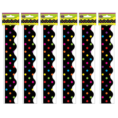 Multicolor Dots on Black Scalloped Border Trim, 35 Feet Per Pack, 6 Packs - Loomini