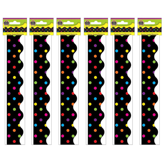 Multicolor Dots on Black Scalloped Border Trim, 35 Feet Per Pack, 6 Packs - Loomini