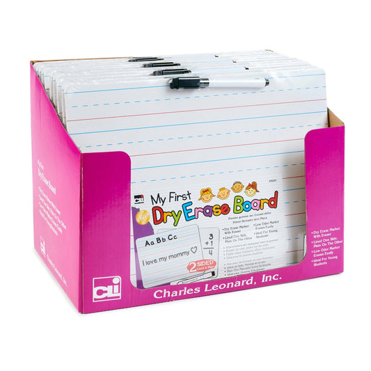 "My First" Dry Erase Board with Marker/Eraser, Two-Sided Plain/Lined, White, Pack of 12 - Loomini