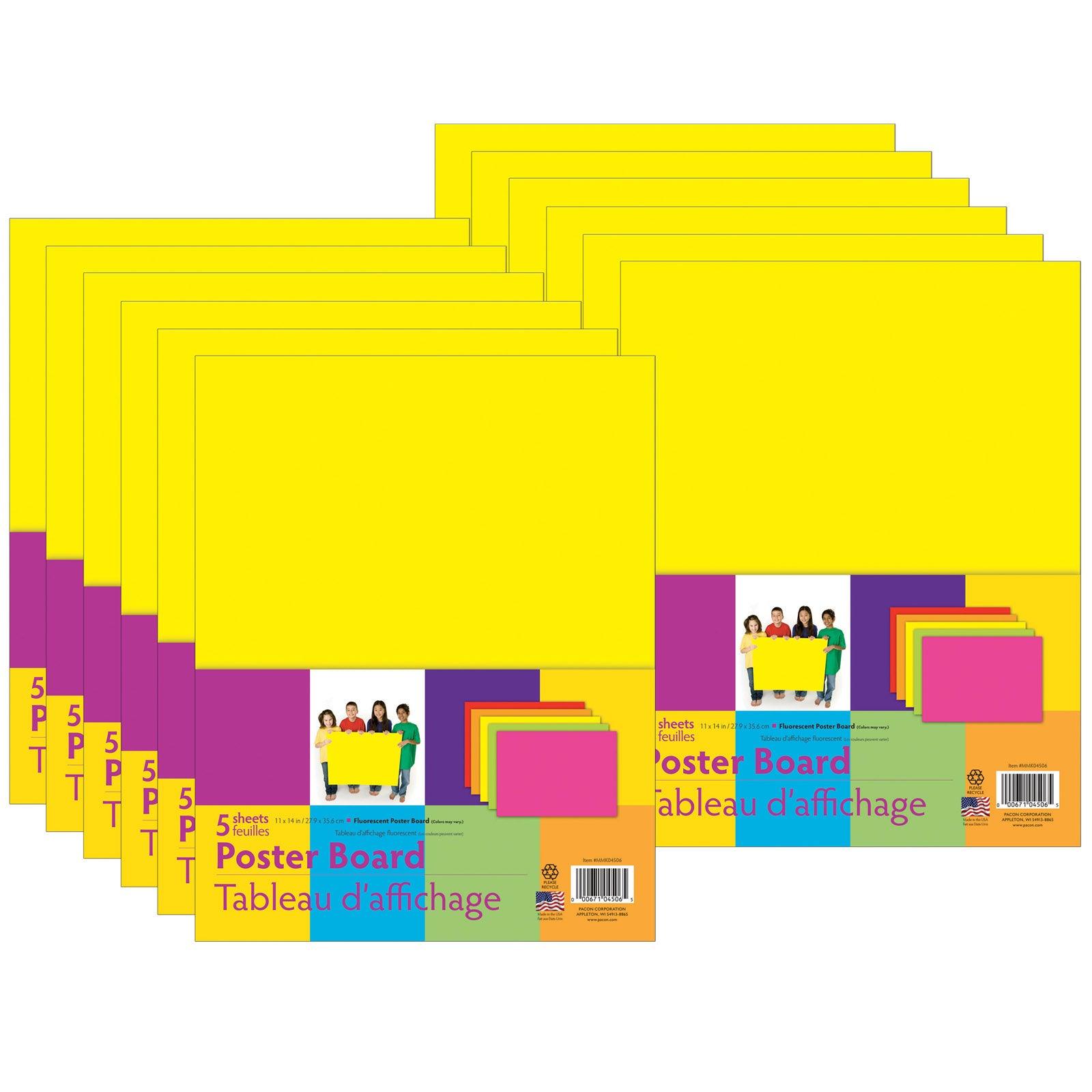 Neon Poster Board, 5 Assorted Colors, 11" x 14", 5 Sheets Per Pack, 12 Packs - Loomini