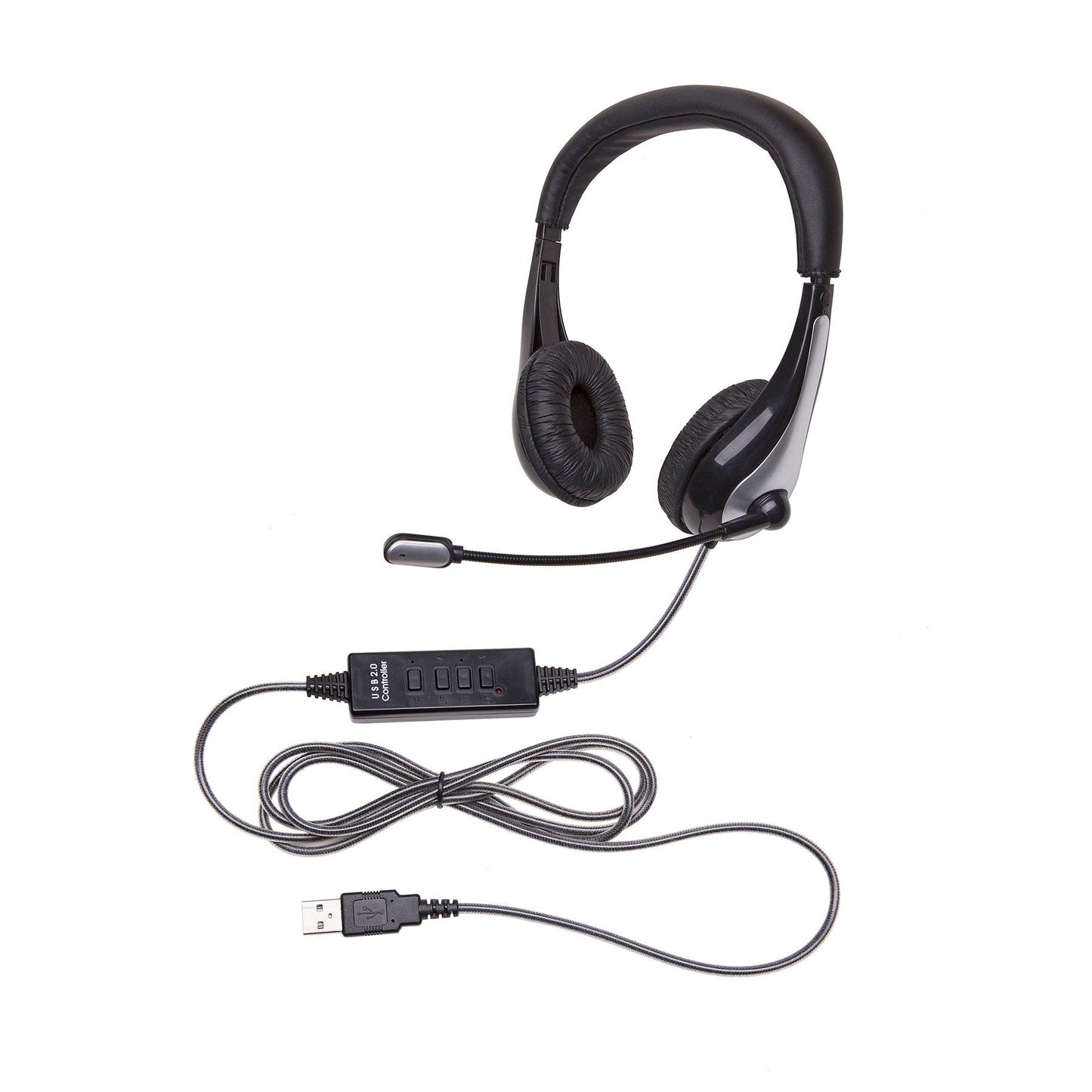 NeoTech 1025MUSB On-Ear Stereo Headset with Gooseneck Microphone, USB Plug, Black/Silver - Loomini