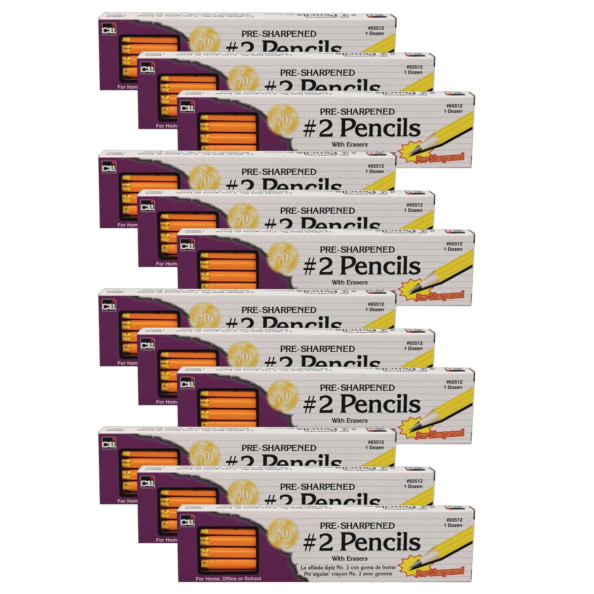 No. 2 Pencil with Eraser, Pre-Sharpened, Yellow, 12 Per Pack, 12 Packs - Loomini