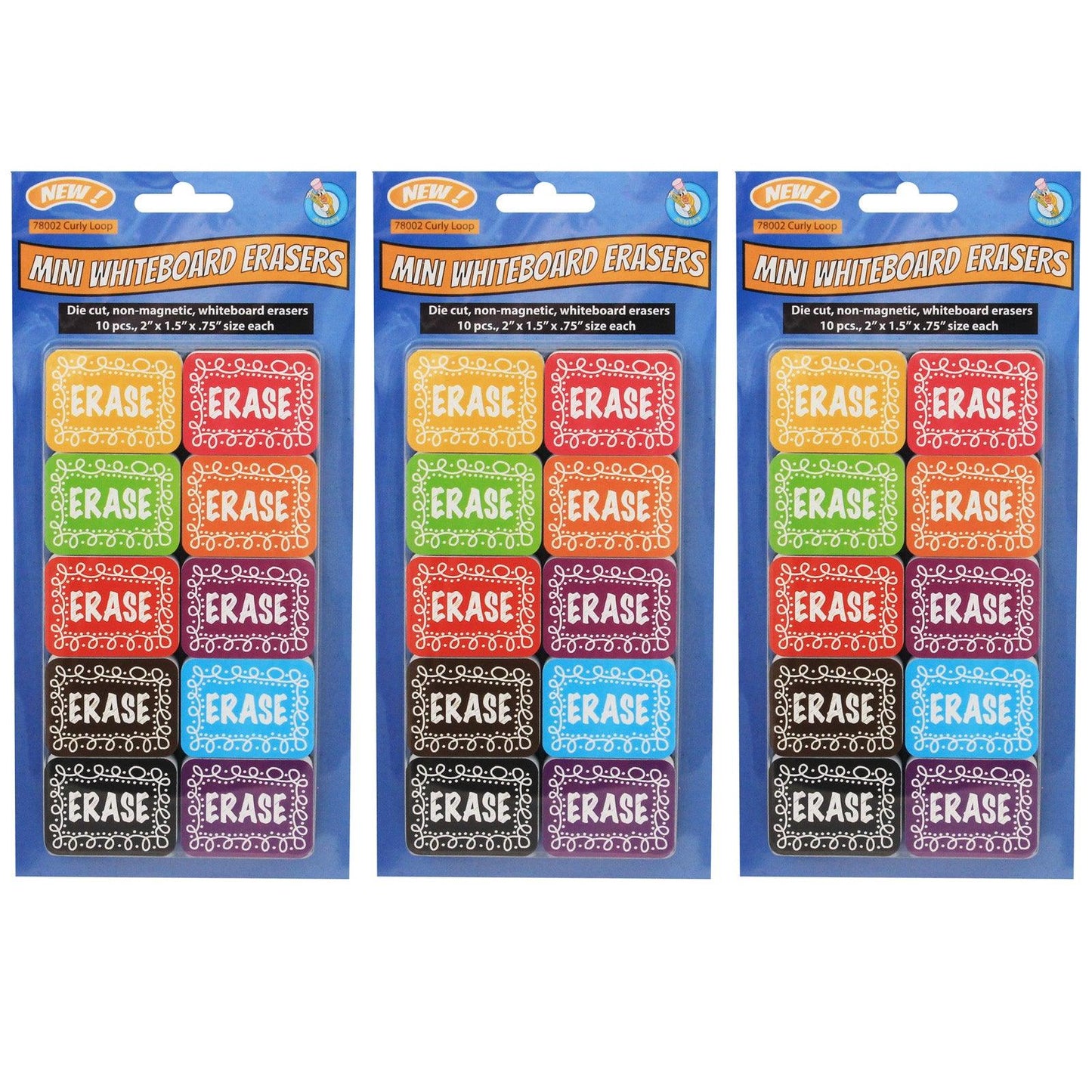 Non-Magnetic Mini Whiteboard Erasers, Chalk Loop, 10 Per Pack, 3 Packs - Loomini