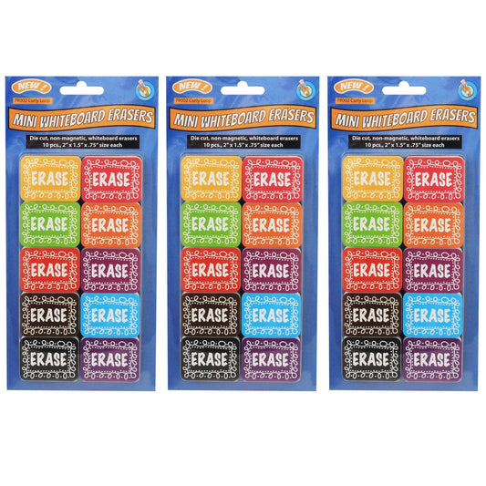 Non-Magnetic Mini Whiteboard Erasers, Chalk Loop, 10 Per Pack, 3 Packs - Loomini