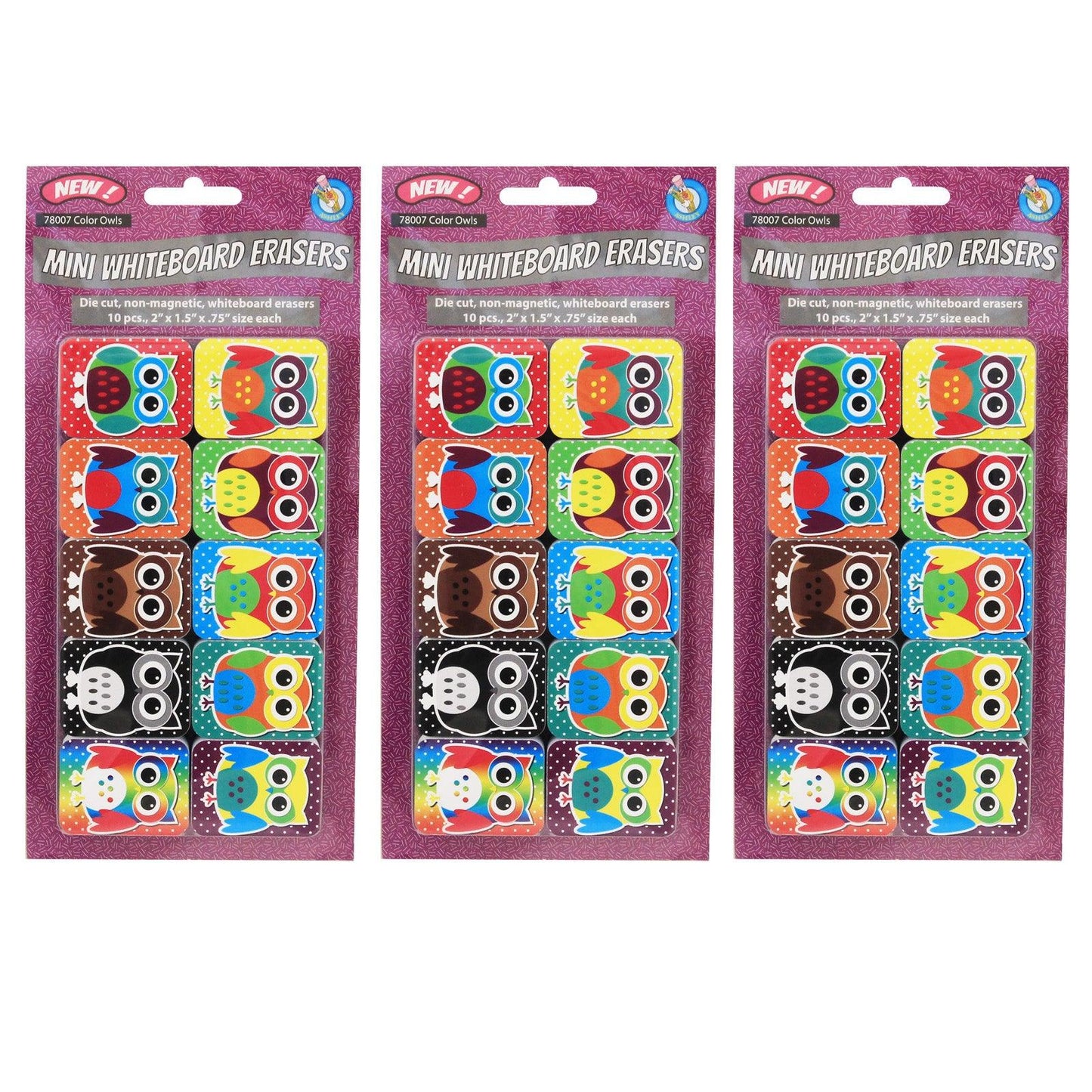 Non-Magnetic Mini Whiteboard Erasers, Color Owls, 10 Per Pack, 3 Packs - Loomini