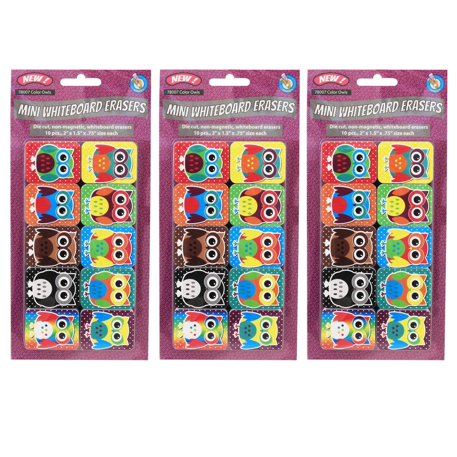 Non-Magnetic Mini Whiteboard Erasers, Color Owls, 10 Per Pack, 3 Packs - Loomini