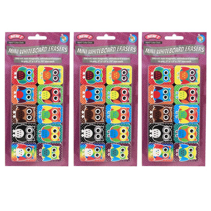 Non-Magnetic Mini Whiteboard Erasers, Color Owls, 10 Per Pack, 3 Packs - Loomini