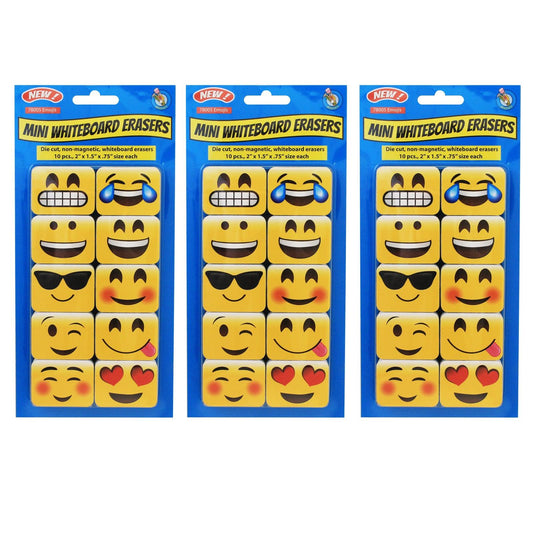 Non-Magnetic Mini Whiteboard Erasers, Emotions Icons, 10 Per Pack, 3 Packs - Loomini