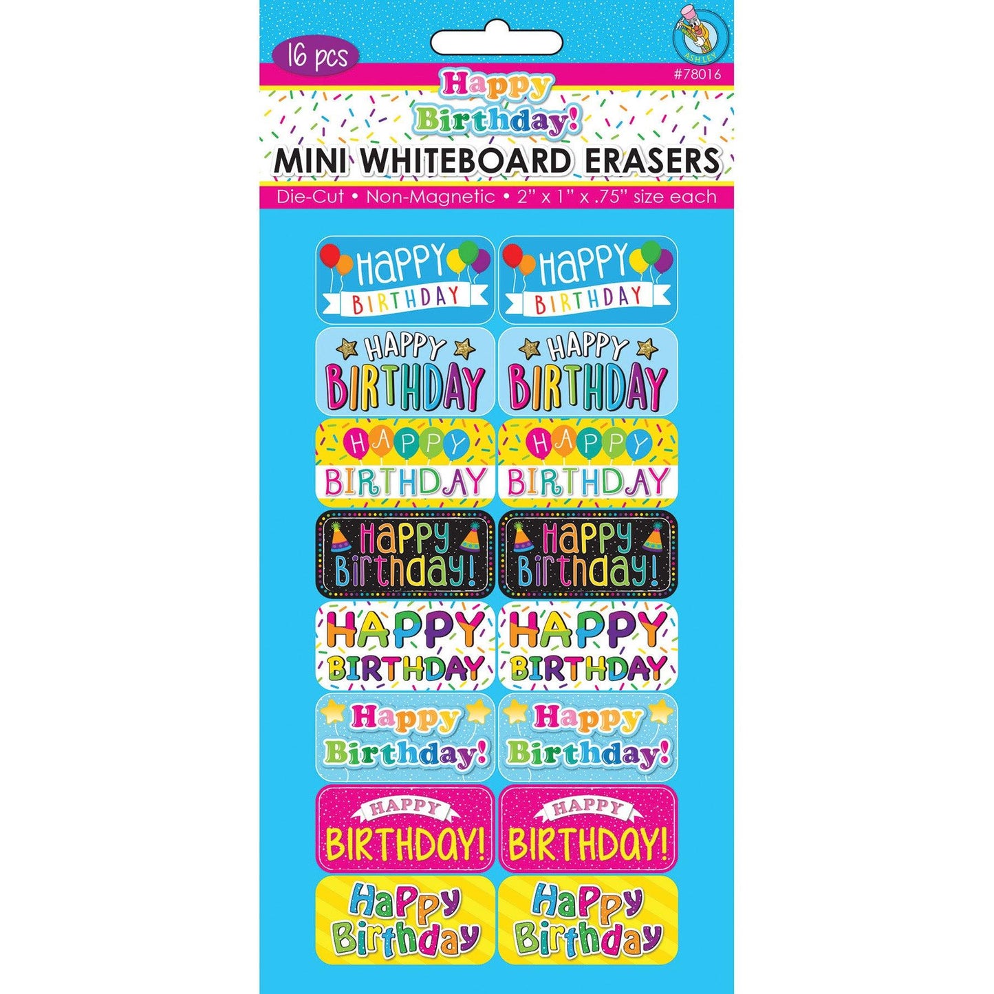 Non-Magnetic Mini Whiteboard Erasers, Happy Birthday, Pack of 16 - Loomini