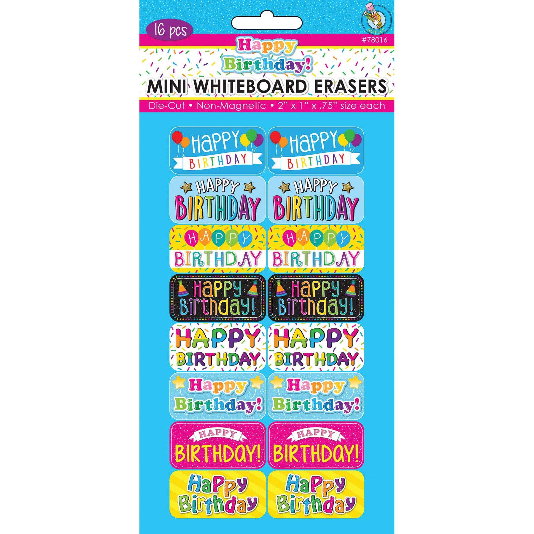 Non-Magnetic Mini Whiteboard Erasers, Happy Birthday, Pack of 16 - Loomini