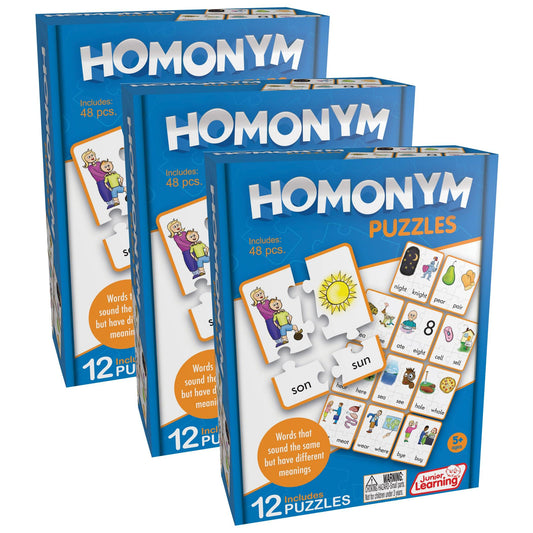 Pack of 3 - Homonym Puzzles, Each Set Contains 12 Puzzles, 48 pieces. Sold as a pack of 3 sets - Loomini