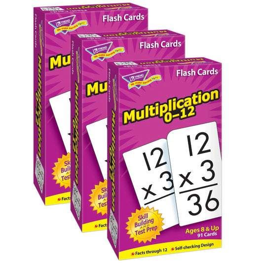 Pack of 3 - Multiplication 0-12 Skill Drill Flash Cards, 91 Cards Per Pack, For Ages 8 And Up, 3" x 6" - Loomini