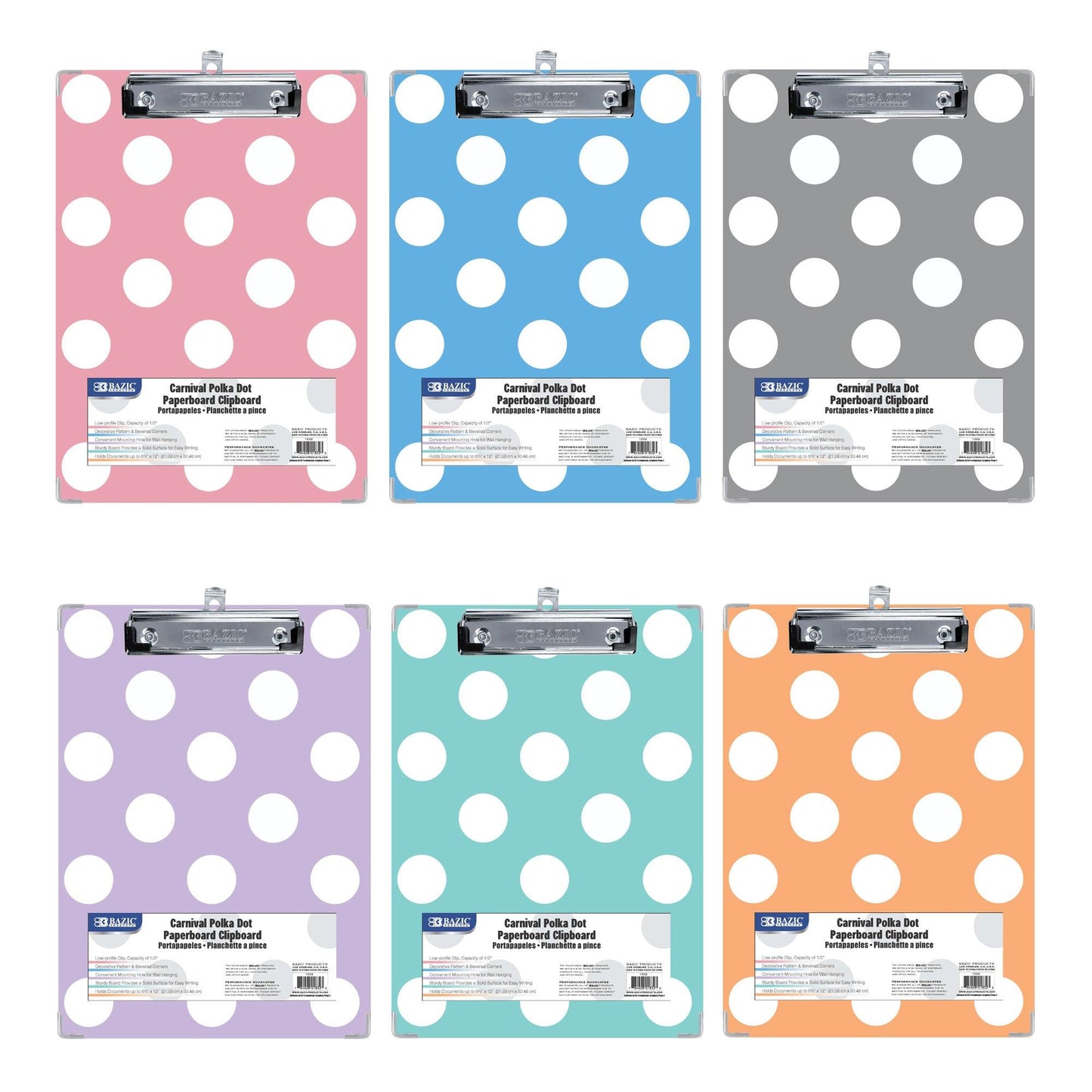 Paperboard Clipboard with Low Profile Clip, Standard Size, Carnival Polka Dot Assorted, Pack of 6 - Loomini
