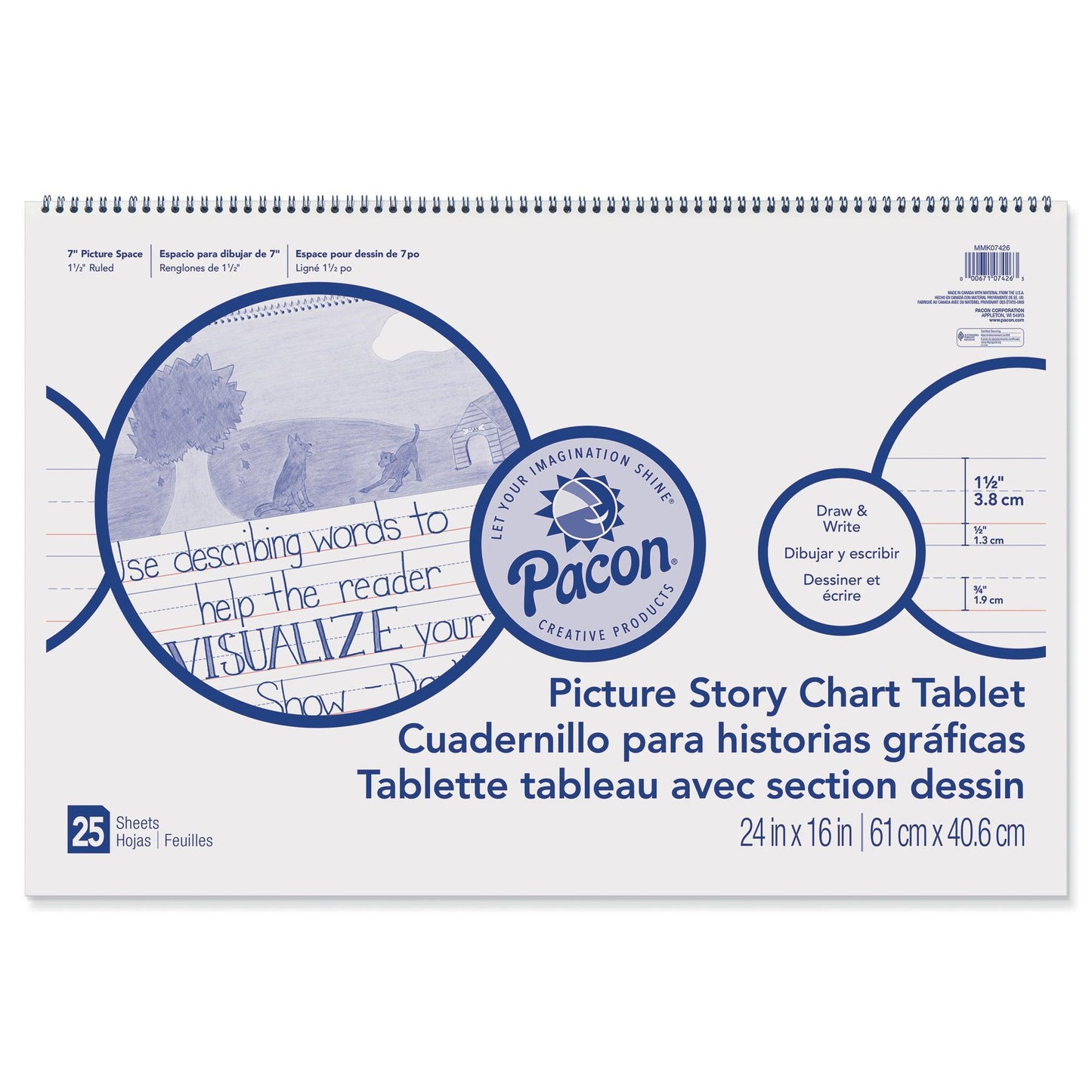 Picture Story Chart Tablet, White, Ruled Long, 1-1/2" Ruled, 24" x 16", 25 Sheets, Pack of 3 - Loomini