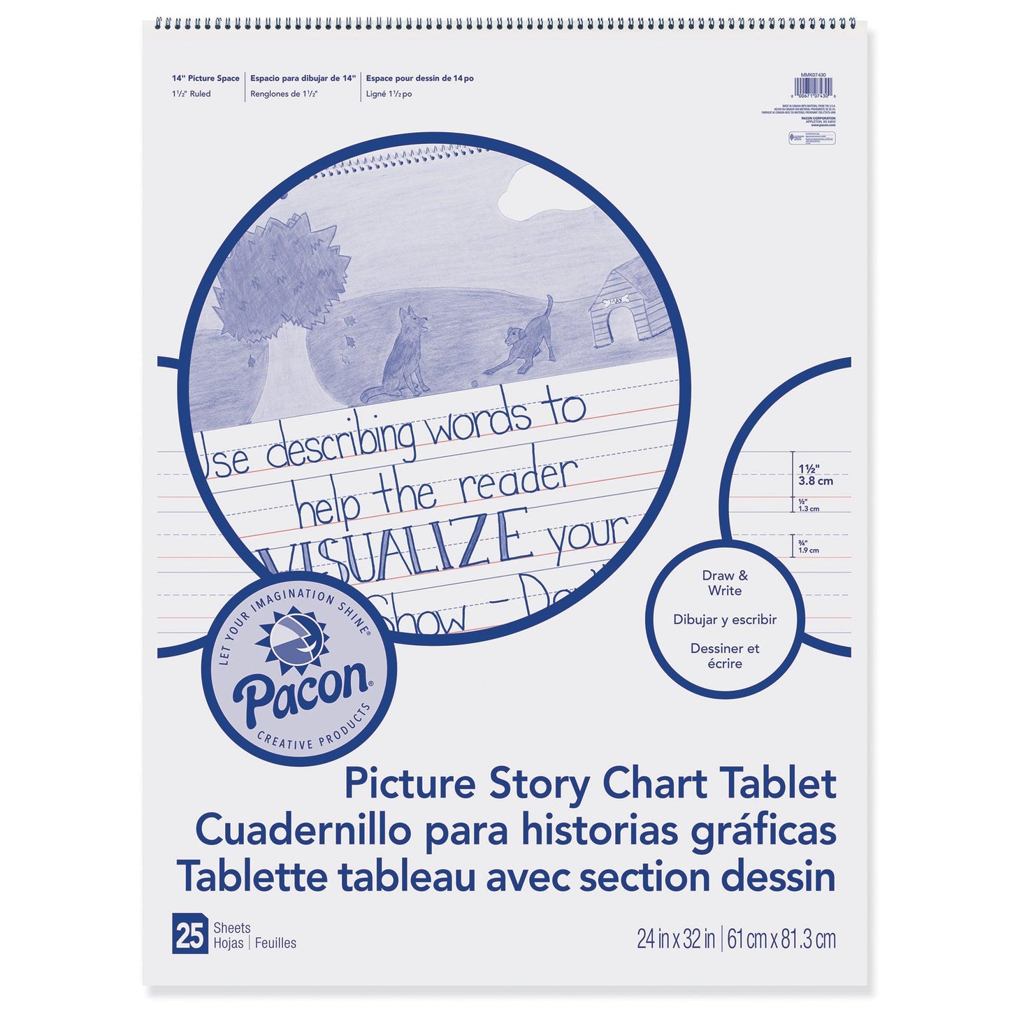 Picture Story Chart Tablet, White, Ruled Short, 1-1/2" Ruled, 24" x 32", 25 Sheets - Loomini