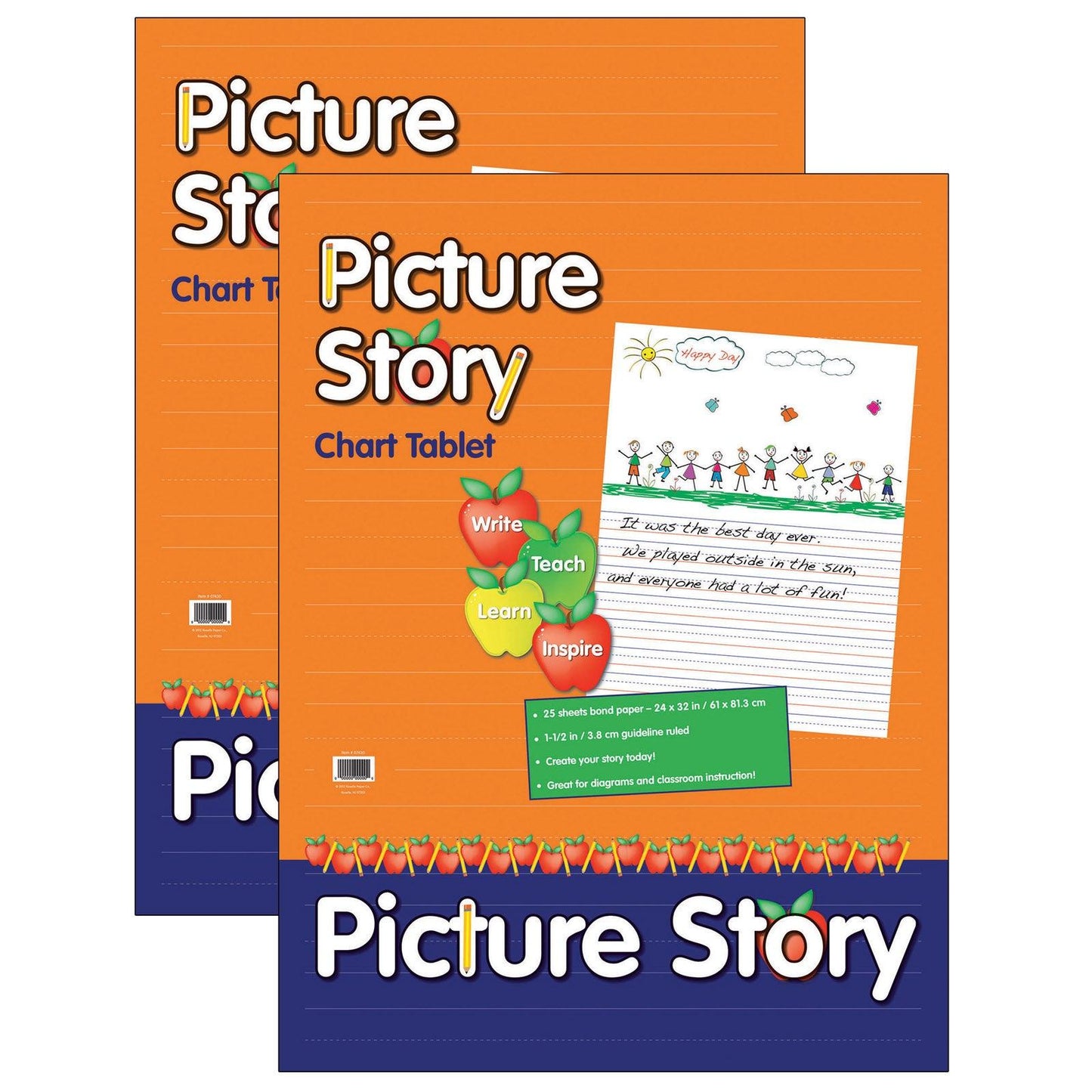 Picture Story Chart Tablet, White, Ruled Short, 1-1/2" Ruled, 24" x 32", 25 Sheets, Pack of 2 - Loomini