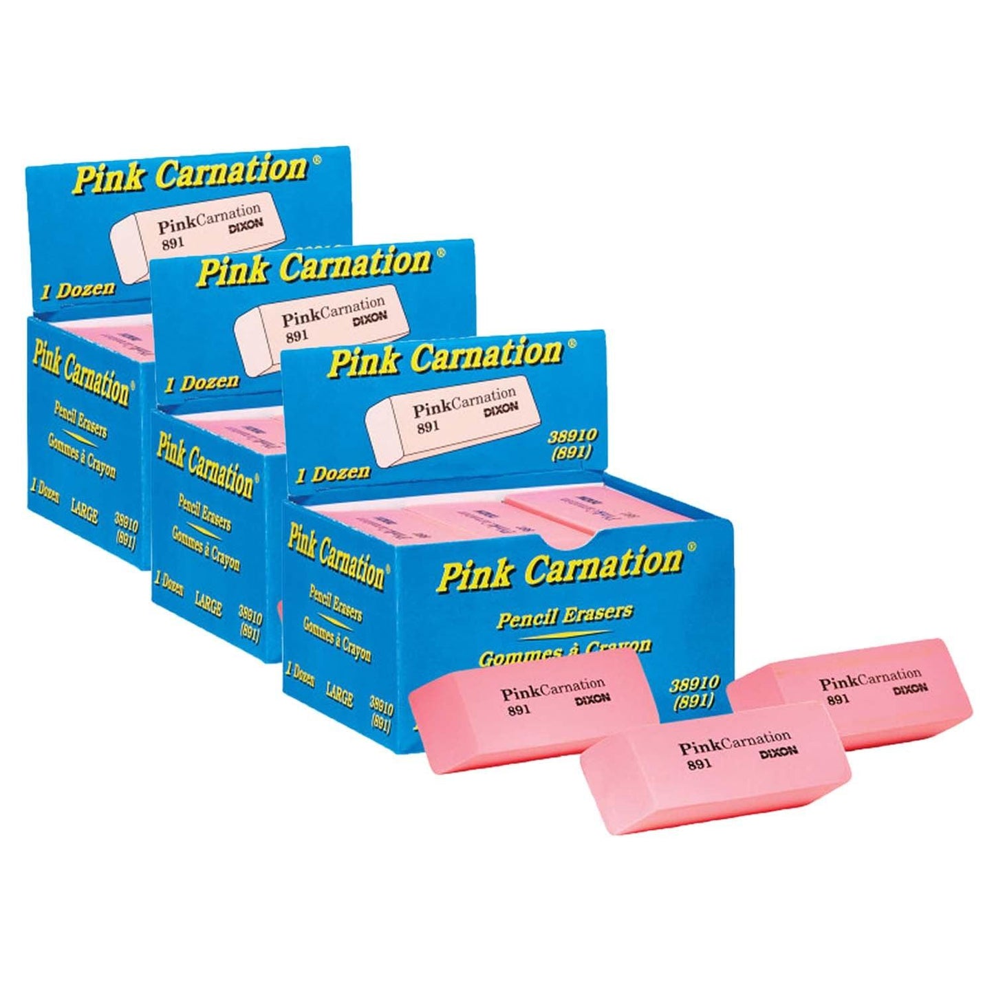 Pink Carnation Erasers, Large, 2-9/16 x 1 x 7/16, 12 Per Pack, 3 Packs - Loomini